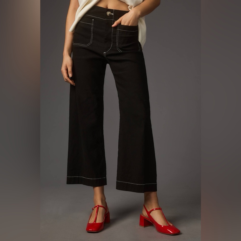Anthropologie Maeve The Colette Cropped Wide Leg Contrast-Stitch Pants 34 EUC